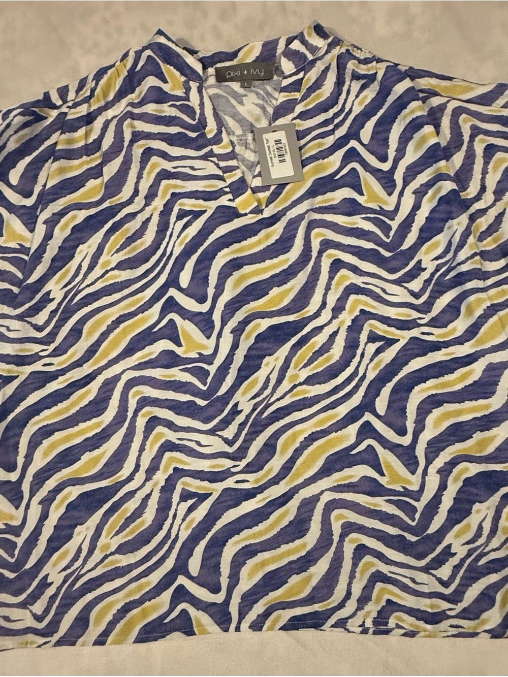 Pixi + Ivy Large Purple & Yellow Zebra Print V-Neck Blouse